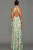 Mauve Floral Halter Neck Mermaid Long Formal Dress with Slit