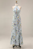 Mauve Floral Halter Neck Mermaid Long Formal Dress with Slit