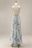 Mauve Floral Halter Neck Mermaid Long Formal Dress with Slit