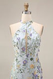 Mauve Floral Halter Neck Mermaid Long Formal Dress with Slit