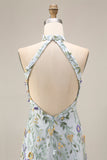 Mauve Floral Halter Neck Mermaid Long Formal Dress with Slit