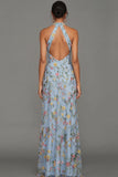 Mauve Floral Halter Neck Mermaid Long Formal Dress with Slit