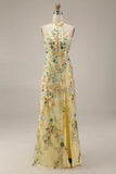 Mauve Floral Halter Neck Mermaid Long Formal Dress with Slit