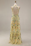 Mauve Floral Halter Neck Mermaid Long Formal Dress with Slit