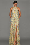 Mauve Floral Halter Neck Mermaid Long Formal Dress with Slit