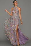 Mauve Floral Halter Neck Mermaid Long Formal Dress with Slit