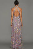 Mauve Floral Halter Neck Mermaid Long Formal Dress with Slit