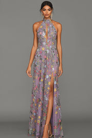 Mauve Floral Halter Neck Mermaid Long Formal Dress with Slit