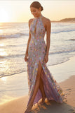 Mauve Floral Halter Neck Mermaid Long Formal Dress with Slit