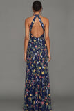 Mauve Floral Halter Neck Mermaid Long Formal Dress with Slit