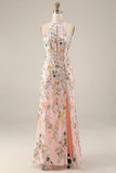 Mauve Floral Halter Neck Mermaid Long Formal Dress with Slit