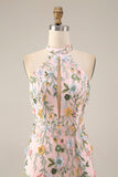 Mauve Floral Halter Neck Mermaid Long Formal Dress with Slit
