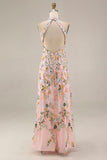 Mauve Floral Halter Neck Mermaid Long Formal Dress with Slit