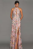 Mauve Floral Halter Neck Mermaid Long Formal Dress with Slit