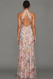 Mauve Floral Halter Neck Mermaid Long Formal Dress with Slit