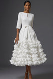 White A Line Ruffled Round Neck Long Wedding Reception Dress