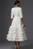 White A Line Ruffled Round Neck Long Wedding Reception Dress