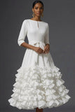 White A Line Ruffled Round Neck Long Wedding Reception Dress