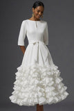 White A Line Ruffled Round Neck Long Wedding Reception Dress