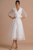 A Line White Long Sleeves V Neck Wedding Reception Dress with Bow