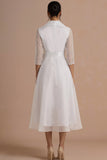 A Line White Long Sleeves V Neck Wedding Reception Dress with Bow