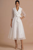 A Line White Long Sleeves V Neck Wedding Reception Dress with Bow