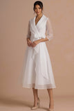 A Line White Long Sleeves V Neck Wedding Reception Dress with Bow