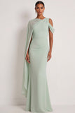 Dusty Sage Mermaid One Shoulder Long Wedding Guest Dress with Cape