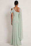 Dusty Sage Mermaid One Shoulder Long Wedding Guest Dress with Cape