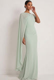 Dusty Sage Mermaid One Shoulder Long Wedding Guest Dress with Cape