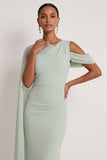 Dusty Sage Mermaid One Shoulder Long Wedding Guest Dress with Cape