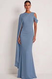 Dusty Sage Mermaid One Shoulder Long Wedding Guest Dress with Cape
