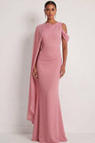 Dusty Sage Mermaid One Shoulder Long Wedding Guest Dress with Cape