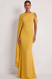 Dusty Sage Mermaid One Shoulder Long Wedding Guest Dress with Cape