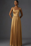 Golden Satin Corset Thick Straps Maxi Wedding Guest Dress