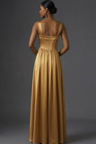 Golden Satin Corset Thick Straps Maxi Wedding Guest Dress