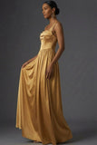 Golden Satin Corset Thick Straps Maxi Wedding Guest Dress