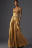 Golden Satin Corset Thick Straps Maxi Wedding Guest Dress