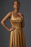 Golden Satin Corset Thick Straps Maxi Wedding Guest Dress