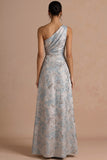 Floral Sliver Jacquard Ruched One Shoulder Maxi Formal Dress with Slit
