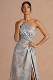 Floral Sliver Jacquard Ruched One Shoulder Maxi Formal Dress with Slit