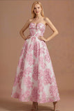 Pink Floral Jacquard A Line Sweetheart Long Wedding Guest Dress