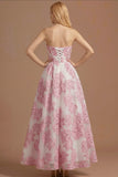 Pink Floral Jacquard A Line Sweetheart Long Wedding Guest Dress