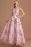 Pink Floral Jacquard A Line Sweetheart Long Wedding Guest Dress