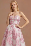 Pink Floral Jacquard A Line Sweetheart Long Wedding Guest Dress