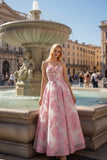 Pink Floral Jacquard A Line Sweetheart Long Wedding Guest Dress