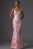 Floral Pink Jacquard Mermaid Spaghetti Straps Maxi Wedding Guest Dress with Slit
