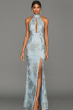 Floral Light Blue Halter Neck Jacquard Mermaid Maxi Wedding Guest Dress with Slit