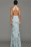 Floral Light Blue Halter Neck Jacquard Mermaid Maxi Wedding Guest Dress with Slit