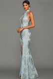 Floral Light Blue Halter Neck Jacquard Mermaid Maxi Wedding Guest Dress with Slit